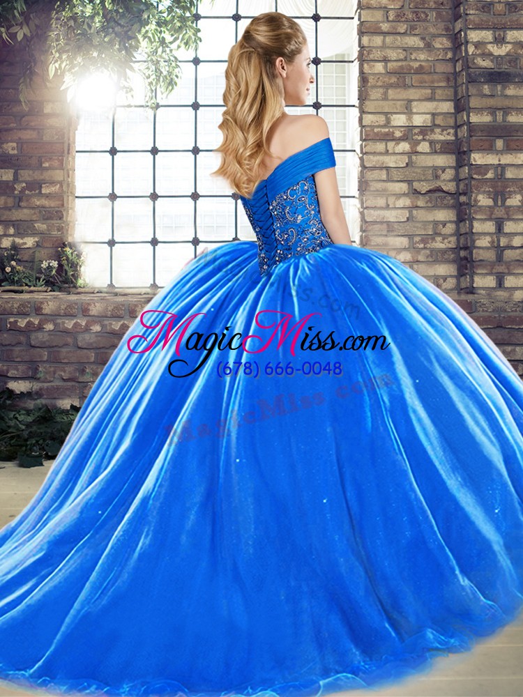 wholesale elegant royal blue sweet 16 dresses organza brush train sleeveless beading