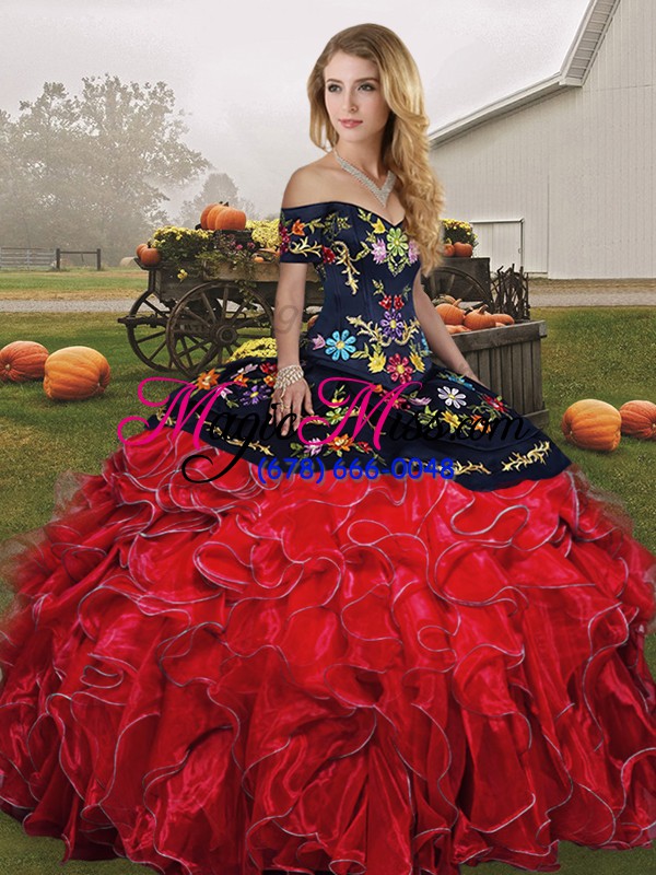 wholesale floor length lace up vestidos de quinceanera red and black for military ball and sweet 16 and quinceanera with embroidery and ruffles