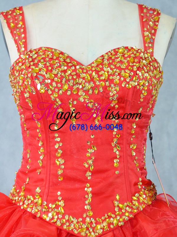 wholesale beautiful straps sleeveless lace up prom dresses red organza
