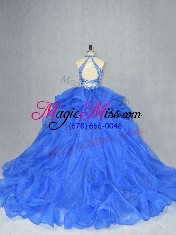wholesale stunning blue two pieces beading and ruffles quinceanera dresses backless organza sleeveless
