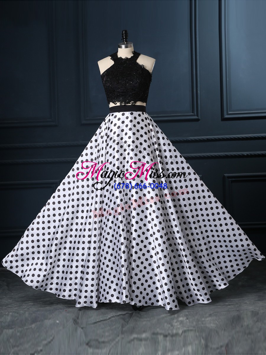 wholesale white and black two pieces lace evening wear zipper printed sleeveless