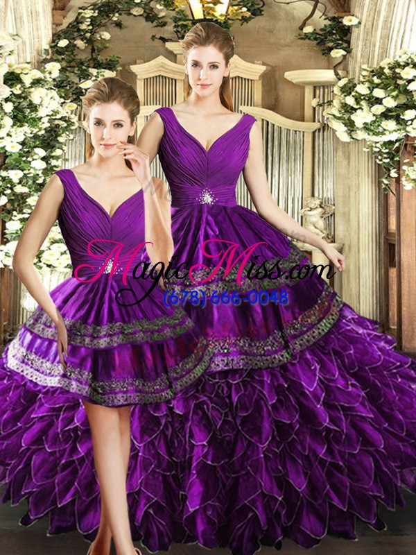 wholesale stunning organza sleeveless floor length ball gown prom dress and beading and embroidery and ruffles