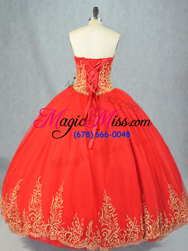 wholesale sleeveless tulle floor length lace up sweet 16 quinceanera dress in red with beading