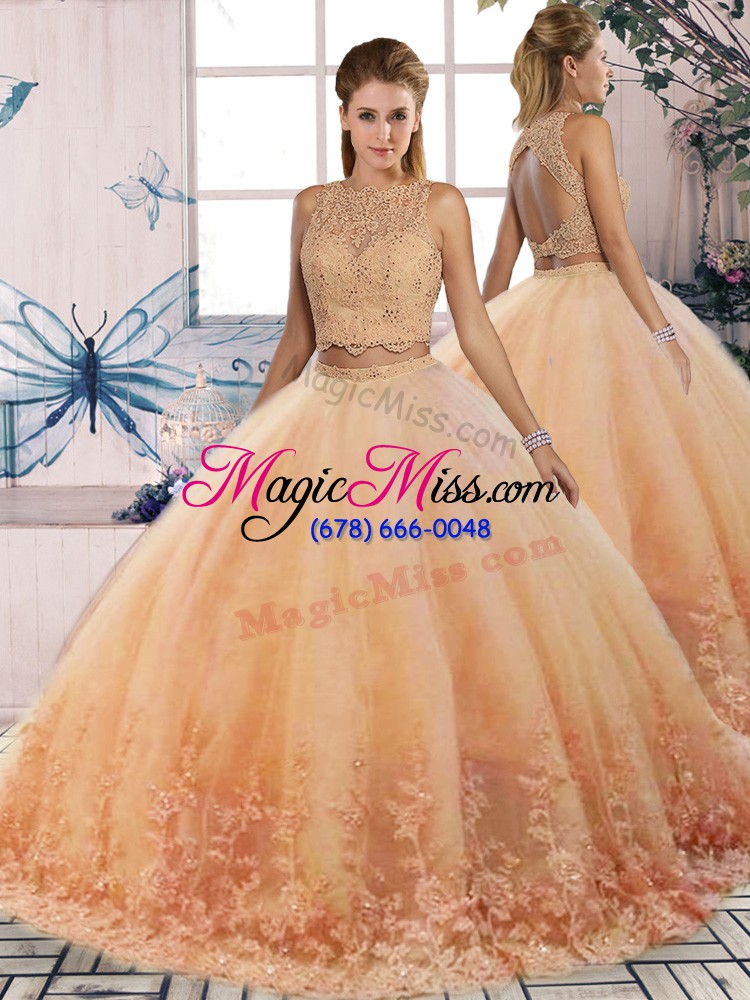 wholesale luxury peach two pieces lace sweet 16 dresses backless tulle sleeveless