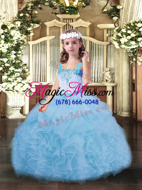 wholesale floor length blue kids pageant dress straps sleeveless lace up