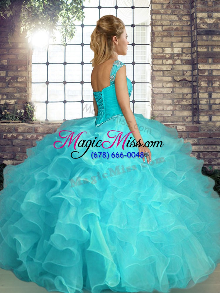 wholesale off the shoulder sleeveless organza 15th birthday dress beading and ruffles lace up