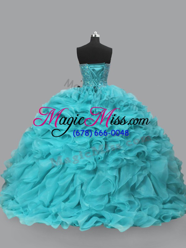 wholesale aqua blue ball gowns sweetheart sleeveless organza lace up beading and ruffles quince ball gowns