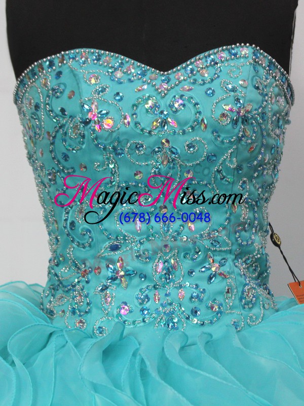 wholesale aqua blue ball gowns sweetheart sleeveless organza lace up beading and ruffles quince ball gowns