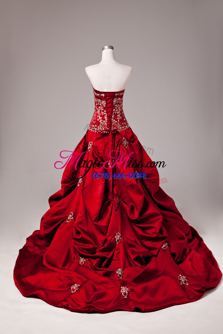 wholesale adorable wine red ball gowns taffeta strapless sleeveless embroidery and pick ups lace up quinceanera dress brush train