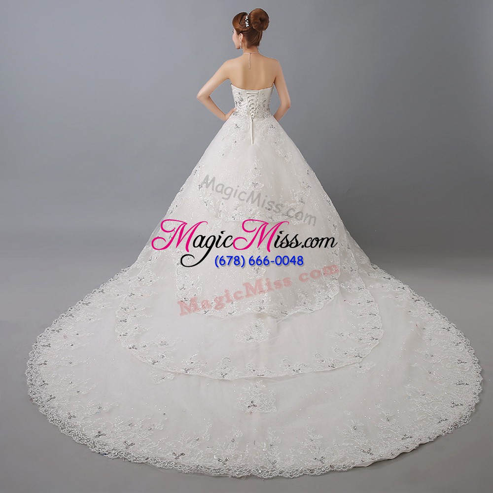 wholesale sweetheart sleeveless tulle wedding dress beading and lace chapel train lace up
