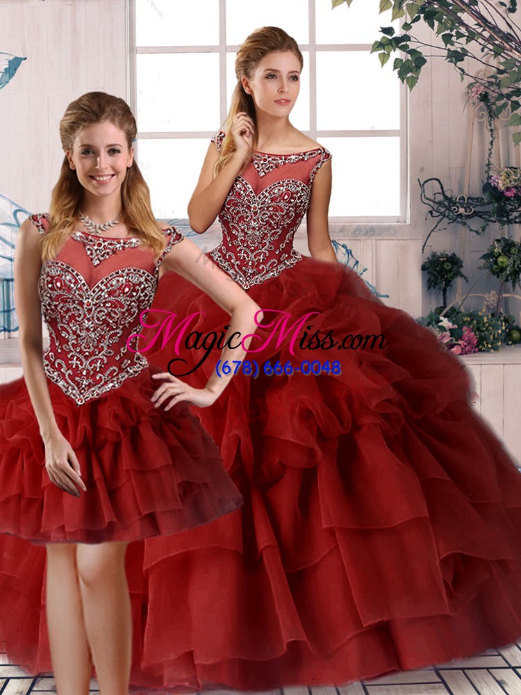 wholesale noble organza scoop sleeveless brush train zipper beading and pick ups quince ball gowns in wine red