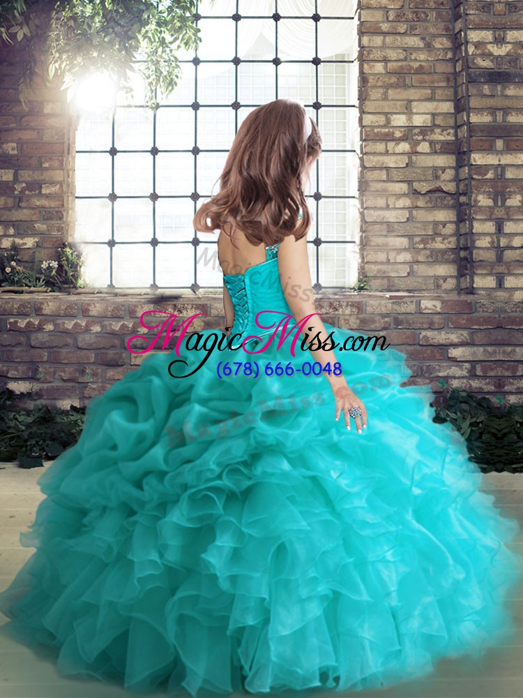 wholesale modern blue ball gowns straps sleeveless organza floor length lace up beading and ruffles and pick ups little girl pageant gowns