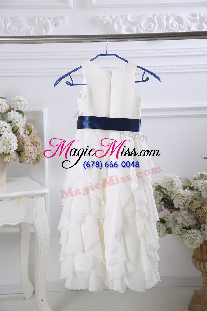 wholesale custom made scoop sleeveless flower girl dresses for less floor length ruffles and belt white chiffon