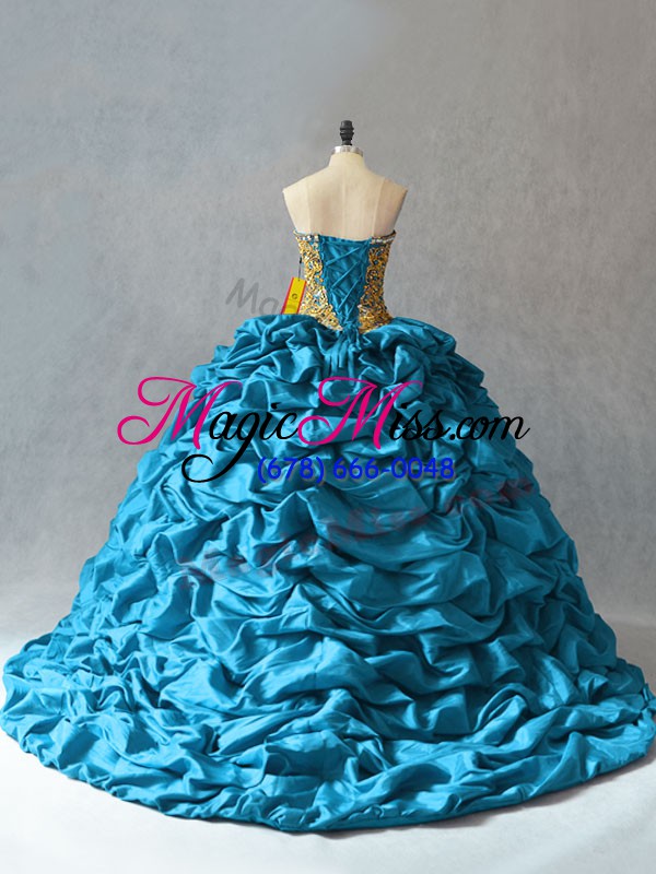 wholesale aqua blue ball gowns sweetheart sleeveless taffeta brush train lace up beading and pick ups ball gown prom dress