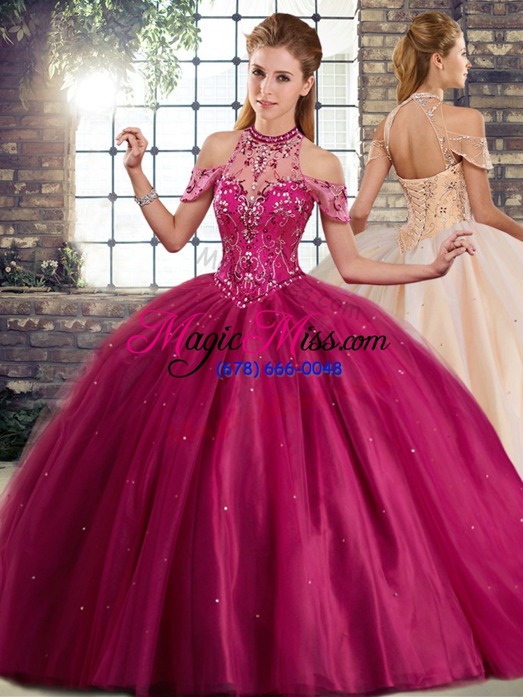 wholesale fantastic fuchsia halter top neckline beading quinceanera gown sleeveless lace up