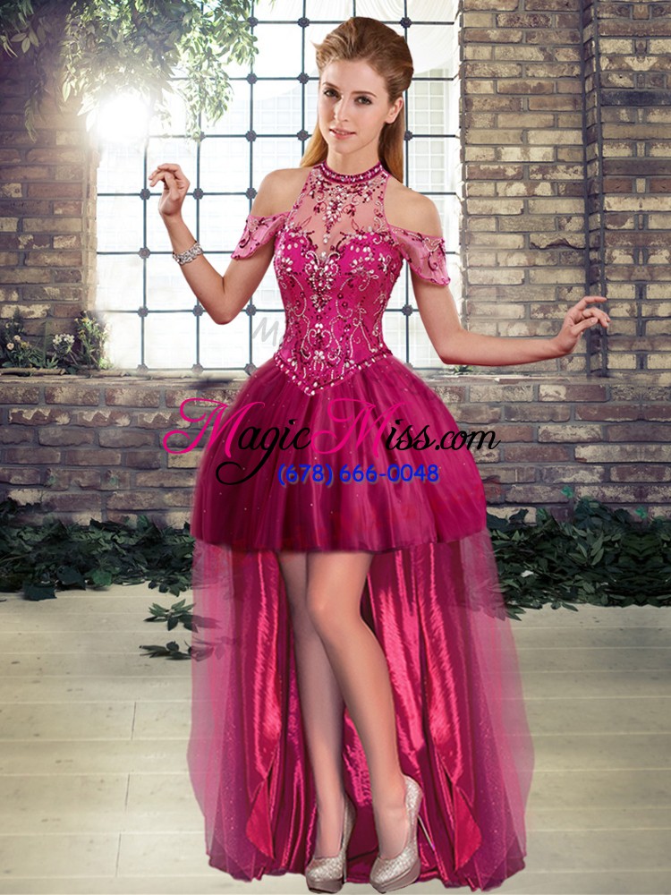 wholesale fantastic fuchsia halter top neckline beading quinceanera gown sleeveless lace up