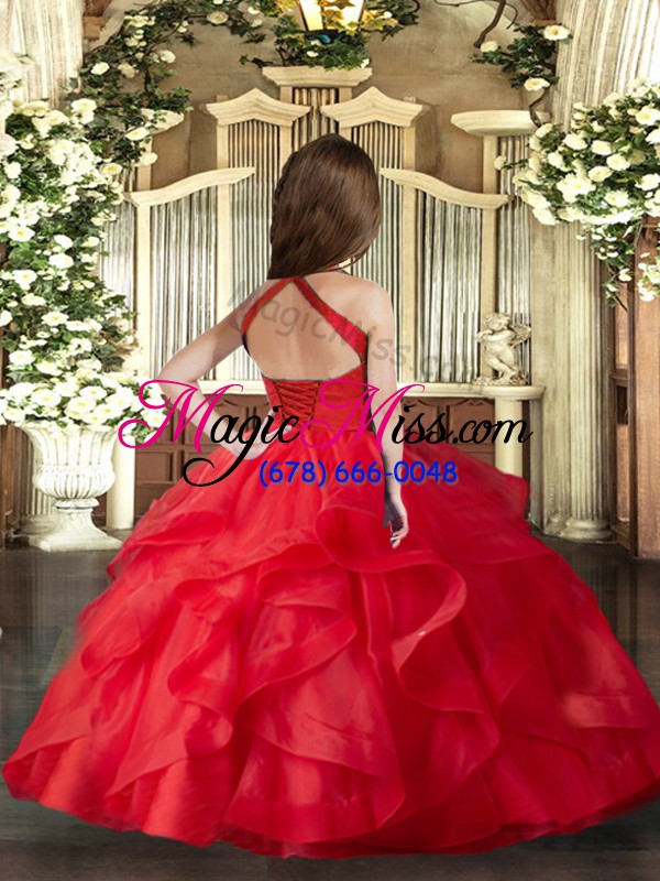 wholesale beautiful red lace up pageant dress toddler ruffles and ruching sleeveless floor length