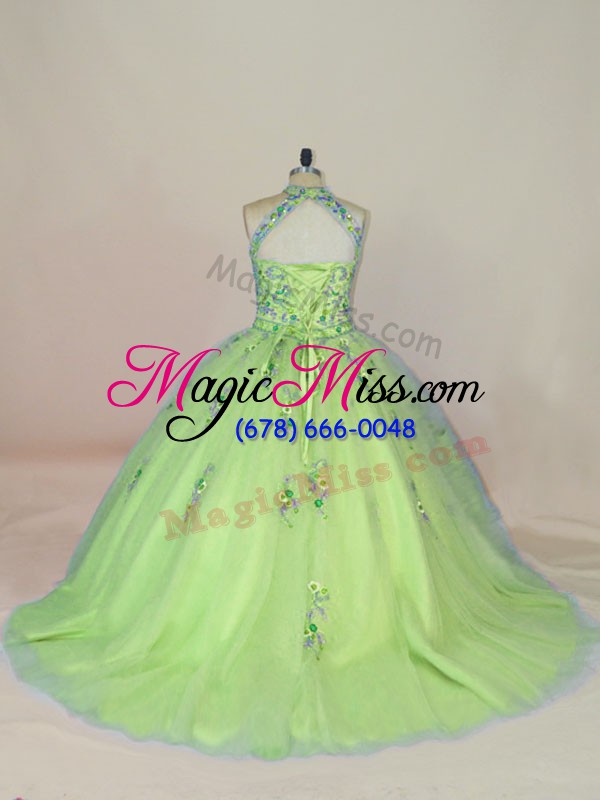wholesale yellow green halter top lace up embroidery vestidos de quinceanera brush train sleeveless