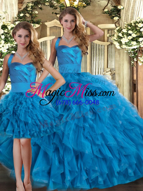 wholesale perfect halter top sleeveless vestidos de quinceanera floor length ruffles blue tulle