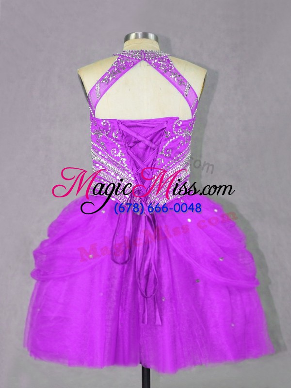 wholesale fuchsia ball gowns tulle halter top sleeveless beading mini length lace up dress for prom