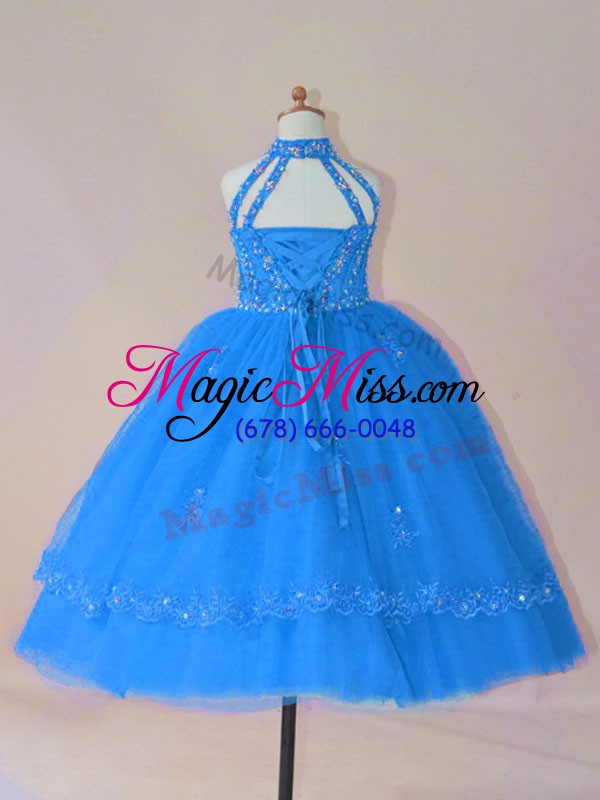 wholesale beading and appliques little girls pageant gowns blue lace up sleeveless floor length