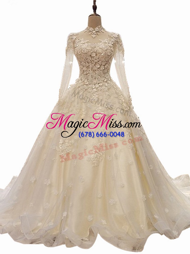 wholesale white tulle lace up wedding gown long sleeves court train appliques