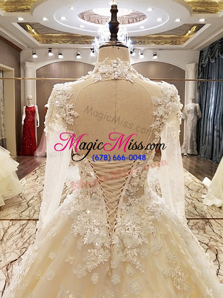 wholesale white tulle lace up wedding gown long sleeves court train appliques