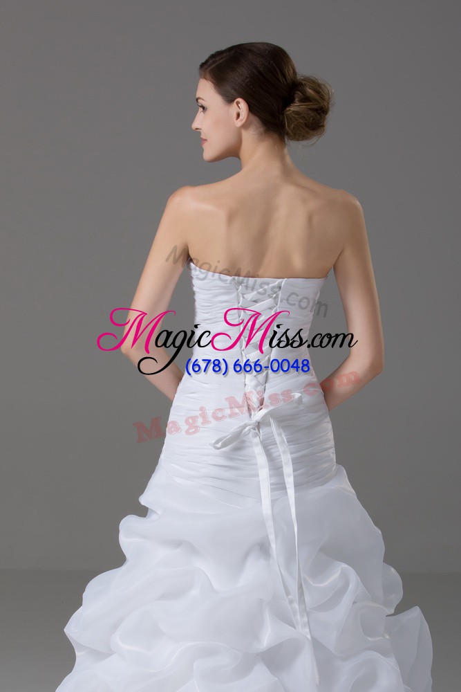 wholesale elegant white organza lace up strapless sleeveless wedding dresses brush train beading and pick ups
