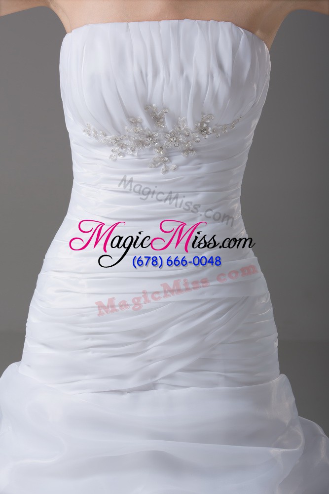wholesale elegant white organza lace up strapless sleeveless wedding dresses brush train beading and pick ups