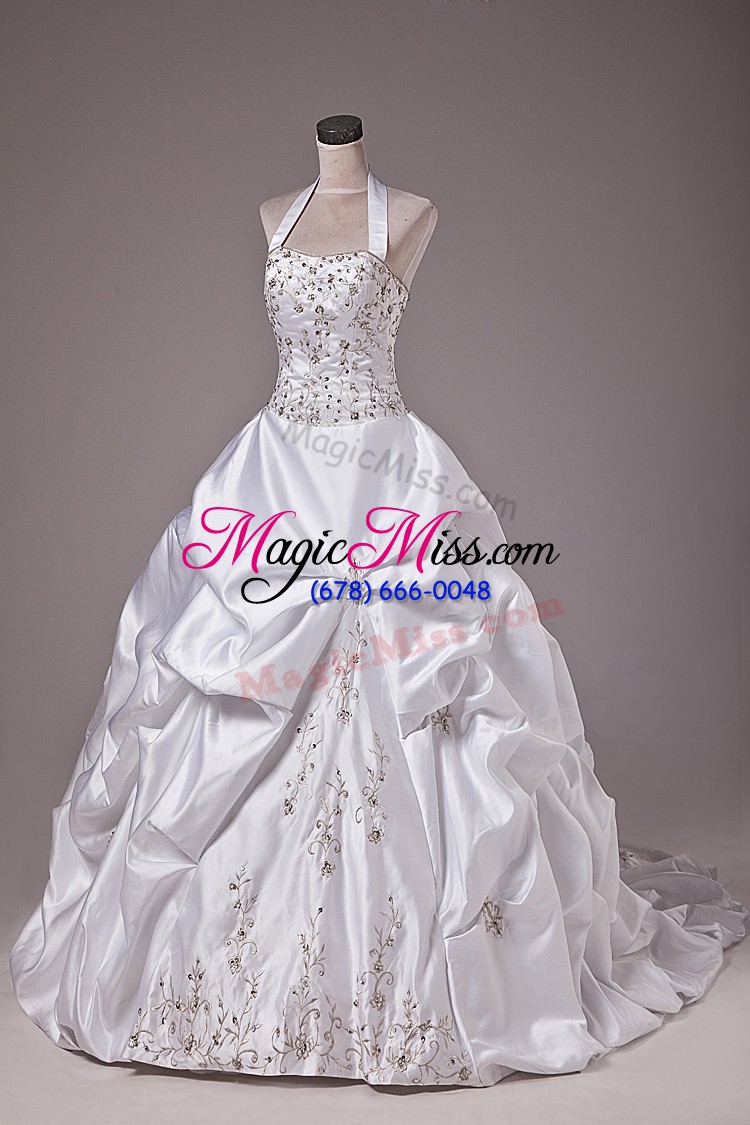 wholesale on sale white ball gowns halter top sleeveless taffeta brush train lace up beading and embroidery and pick ups wedding dresses
