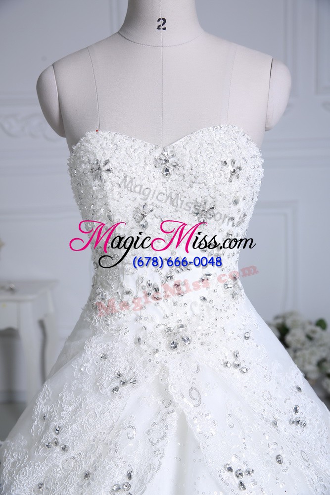wholesale elegant beading and lace wedding dresses white lace up sleeveless chapel train