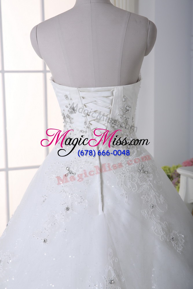 wholesale elegant beading and lace wedding dresses white lace up sleeveless chapel train