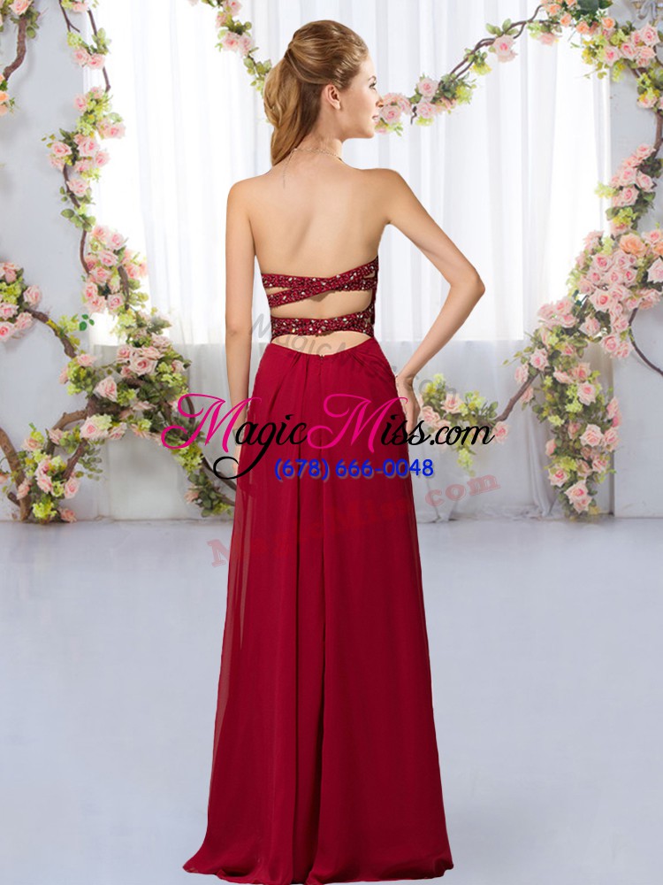 wholesale wine red criss cross bridesmaid gown beading sleeveless floor length