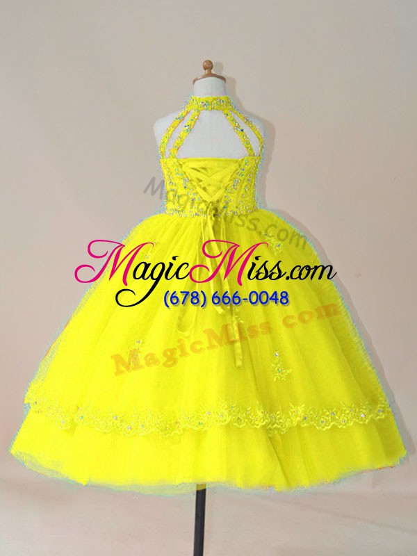 wholesale glorious yellow ball gowns high-neck sleeveless tulle floor length lace up beading and appliques girls pageant dresses