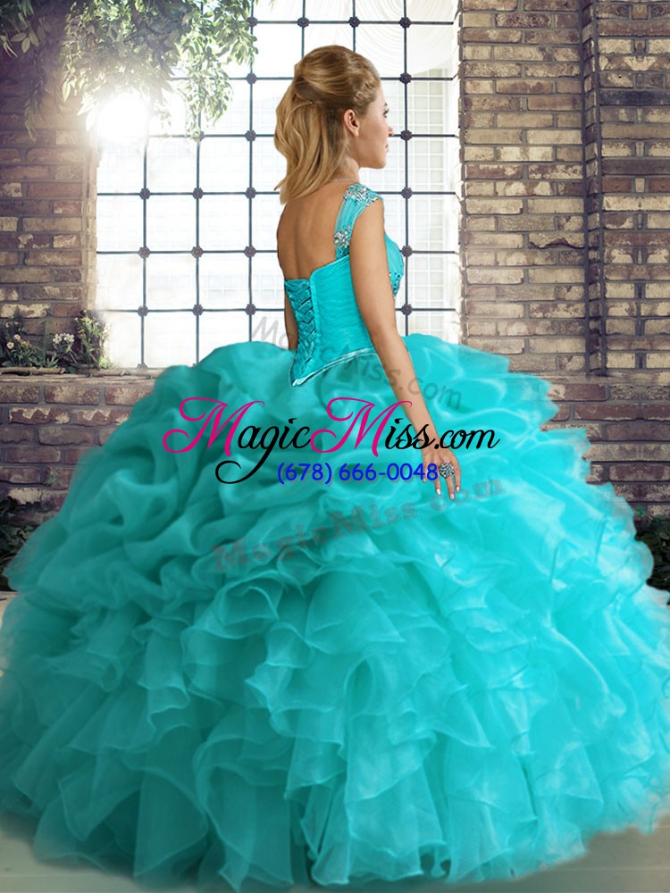 wholesale dynamic yellow green organza lace up sweet 16 dress sleeveless floor length beading and ruffles and pick ups