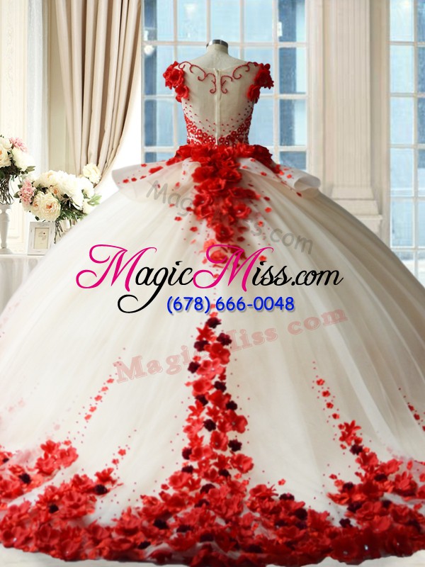 wholesale glamorous scoop sleeveless tulle 15th birthday dress hand made flower brush train zipper