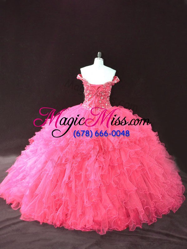 wholesale superior hot pink tulle lace up off the shoulder sleeveless floor length 15 quinceanera dress beading and ruffles