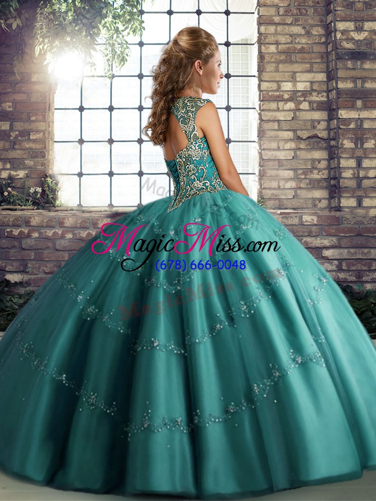 wholesale floor length green quinceanera dress tulle sleeveless beading and appliques