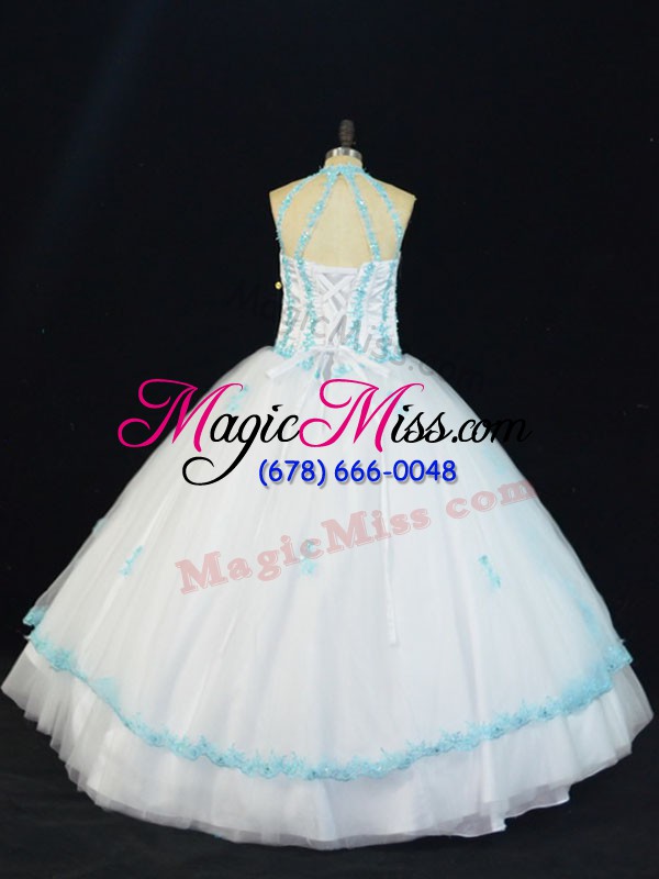 wholesale halter top sleeveless sweet 16 dresses floor length appliques blue and white tulle