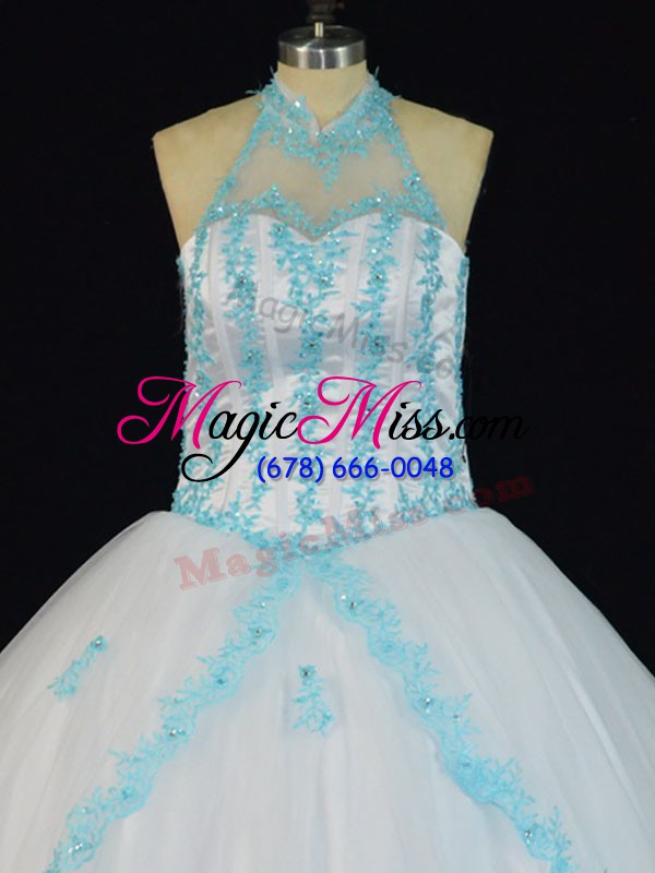 wholesale halter top sleeveless sweet 16 dresses floor length appliques blue and white tulle