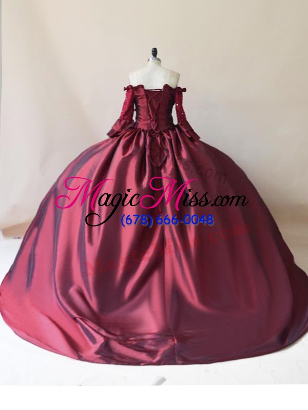wholesale excellent burgundy off the shoulder lace up beading sweet 16 dresses brush train long sleeves