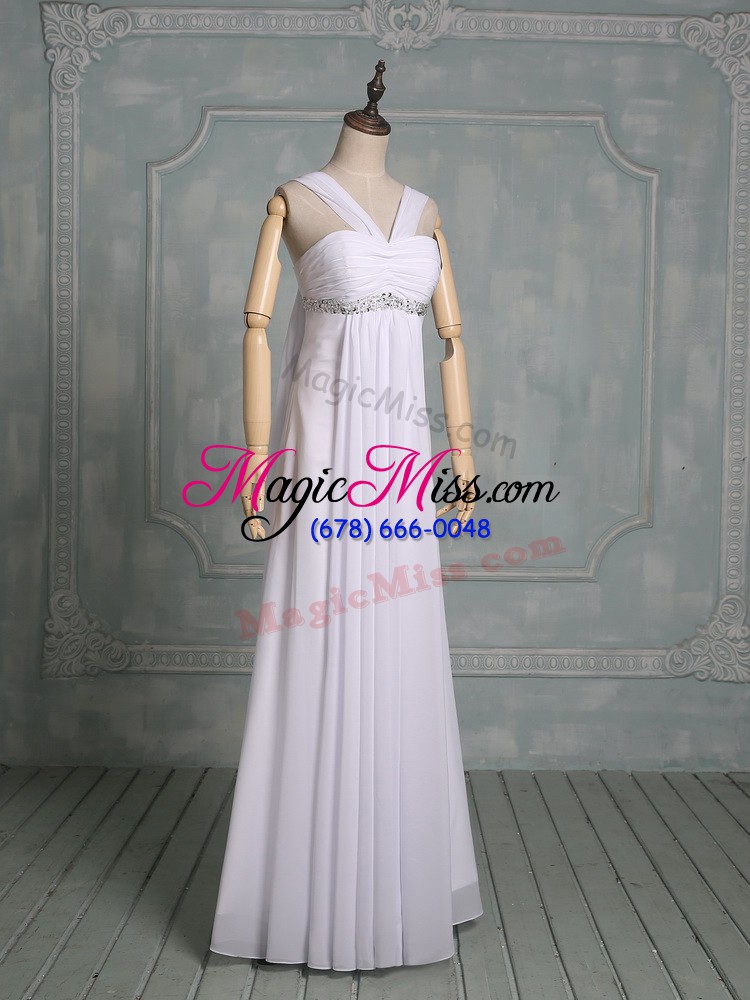 wholesale traditional white empire chiffon straps sleeveless beading and ruching floor length zipper hoco dress