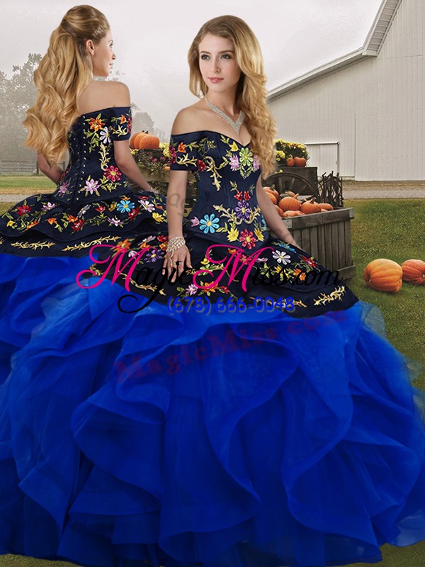 wholesale new style royal blue off the shoulder lace up embroidery and ruffles sweet 16 dress sleeveless