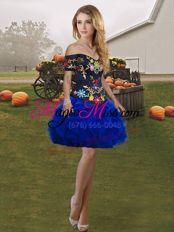 wholesale new style royal blue off the shoulder lace up embroidery and ruffles sweet 16 dress sleeveless