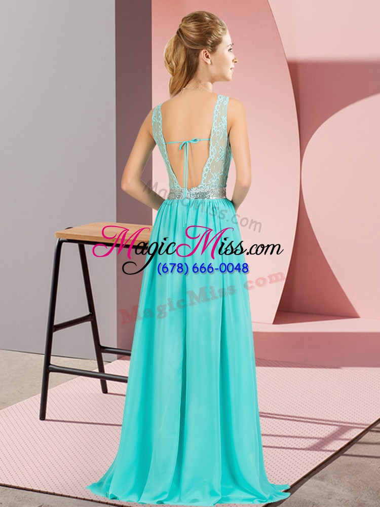 wholesale attractive empire homecoming dress aqua blue v-neck chiffon sleeveless floor length backless