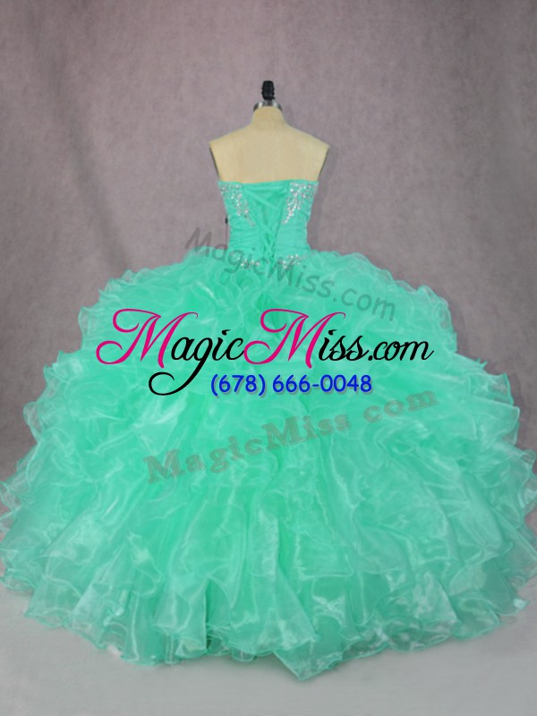 wholesale floor length turquoise quince ball gowns organza sleeveless beading and ruffles