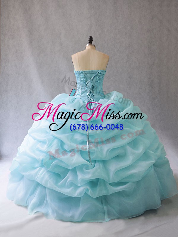 wholesale sleeveless organza floor length lace up sweet 16 quinceanera dress in aqua blue with beading and pick ups