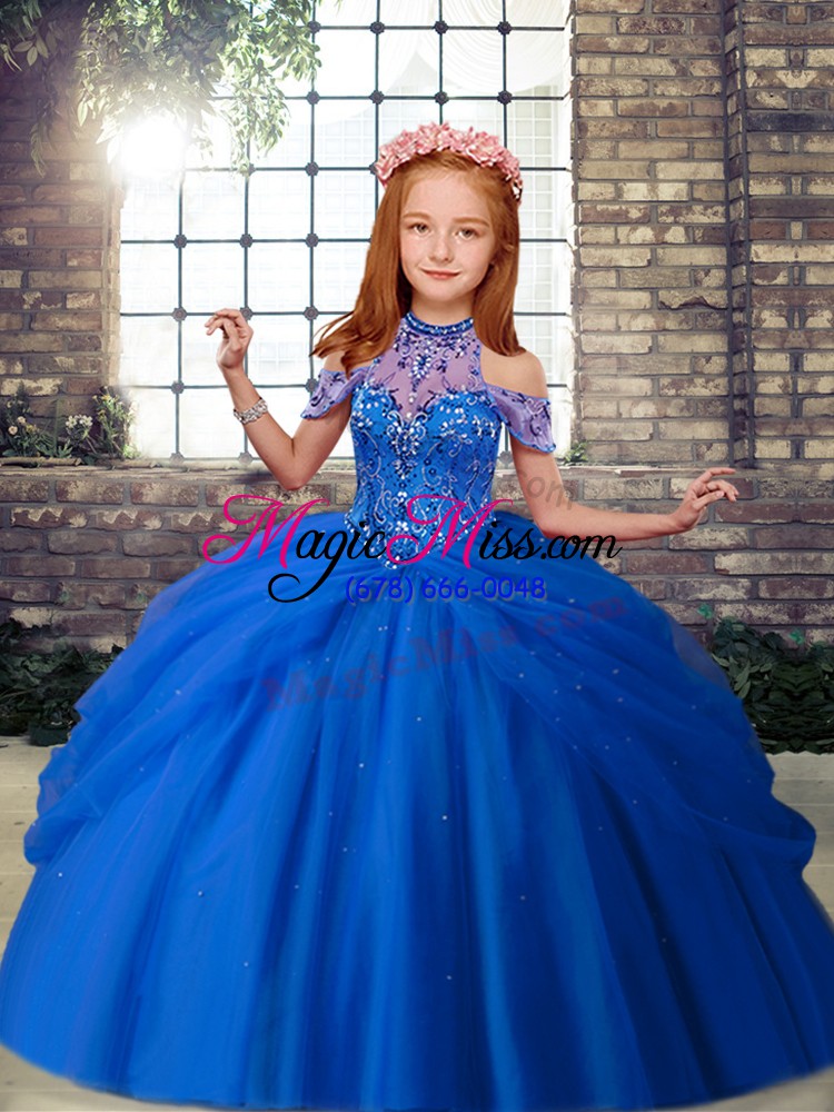 wholesale floor length blue and peach kids pageant dress tulle sleeveless beading