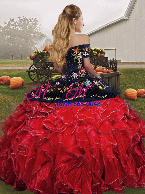 wholesale dynamic sleeveless organza floor length lace up quinceanera gowns in red and black with embroidery and ruffles