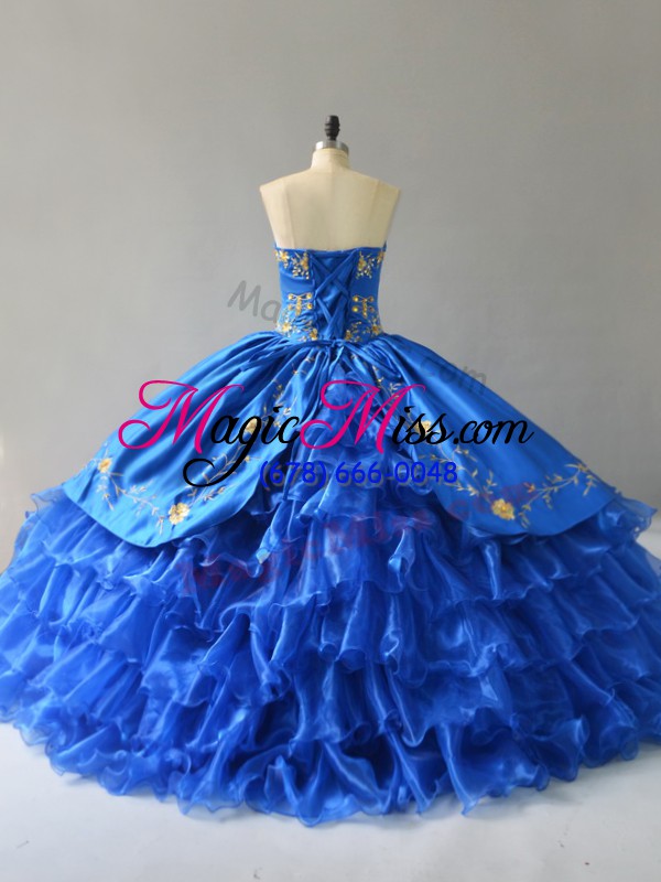 wholesale exquisite royal blue lace up sweetheart embroidery and ruffles 15 quinceanera dress satin sleeveless